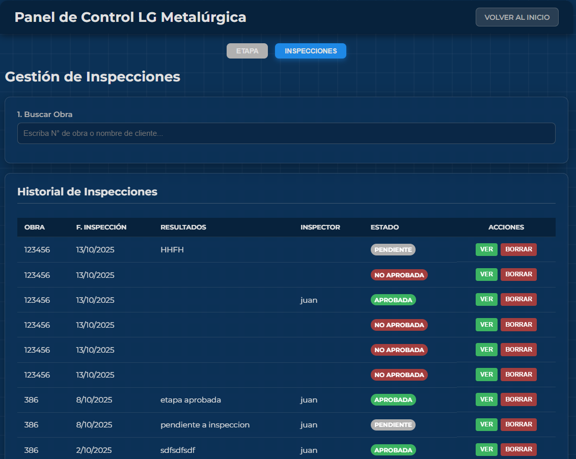 Tabla de historial de inspecciones de calidad